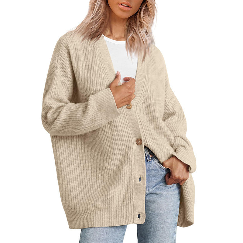 Gilet pour dames | Cardigan tricoté couleur crème avec col en V et boutons marron
