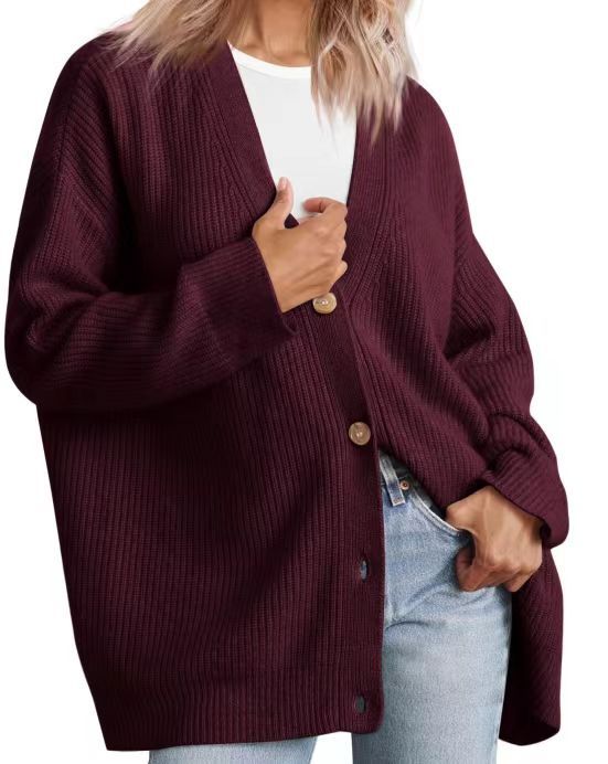 Gilet pour dames | Cardigan tricoté couleur crème avec col en V et boutons marron