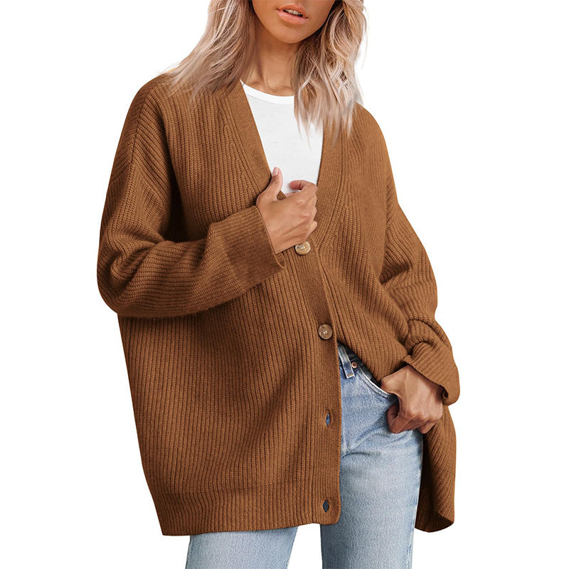 Gilet pour dames | Cardigan tricoté couleur crème avec col en V et boutons marron