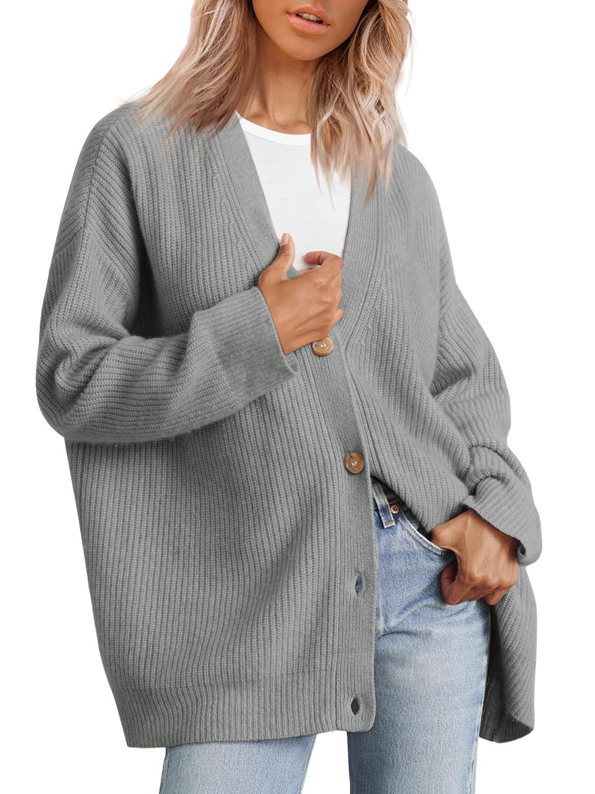 Gilet pour dames | Cardigan tricoté couleur crème avec col en V et boutons marron