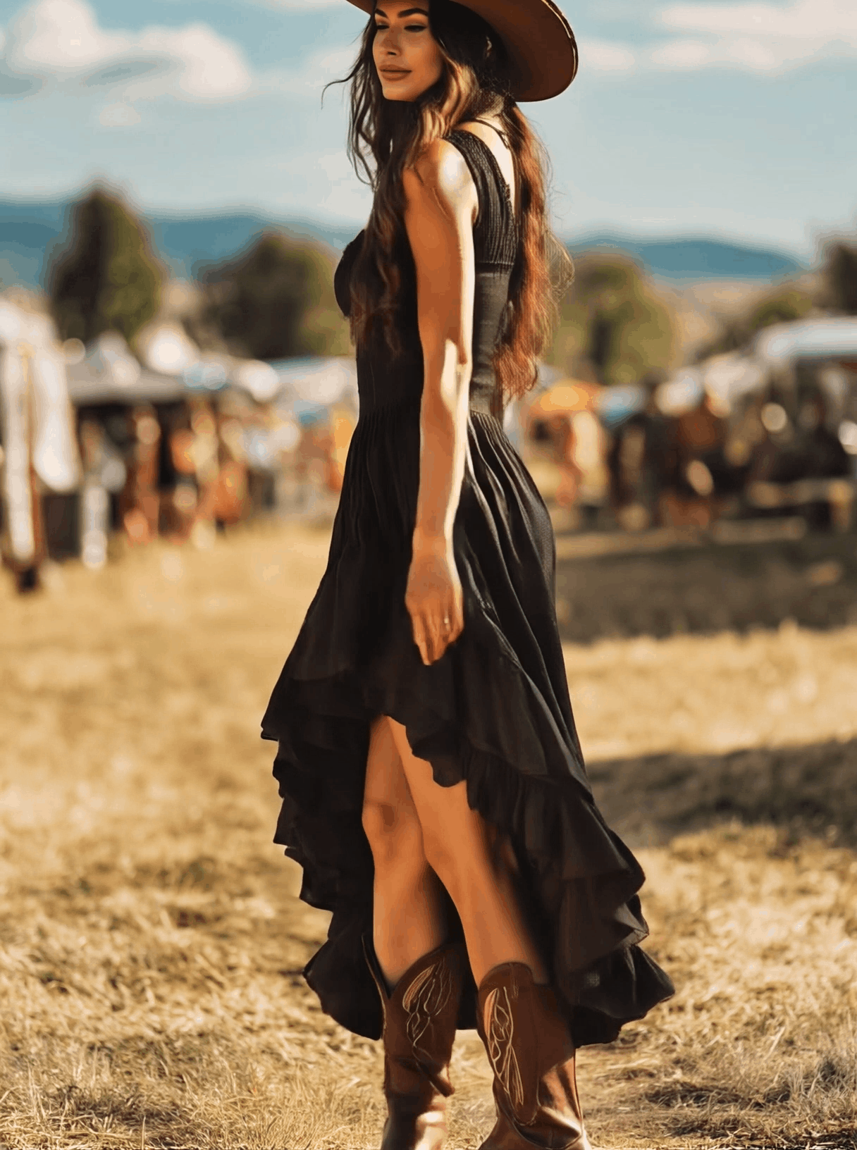 Dames maxi-jurk met retro plooien en ruches
