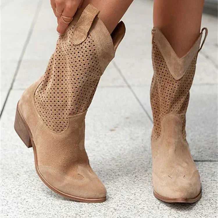 Dames Cowboylaarzen | Western Boots met Perforatie en Houten Hak