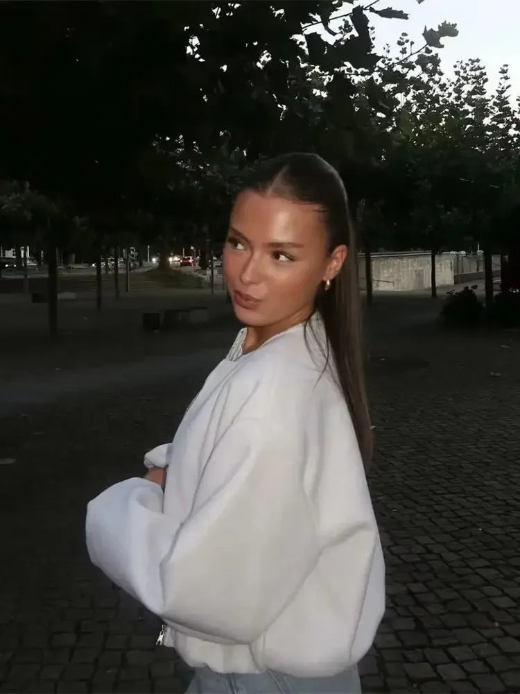 Veste bomber rétro pour dames avec col rond et tissu doux