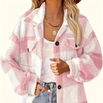 Dames Sherpa Jasje met Ruitpatroon | Warme Overshirt Jas met Zakken