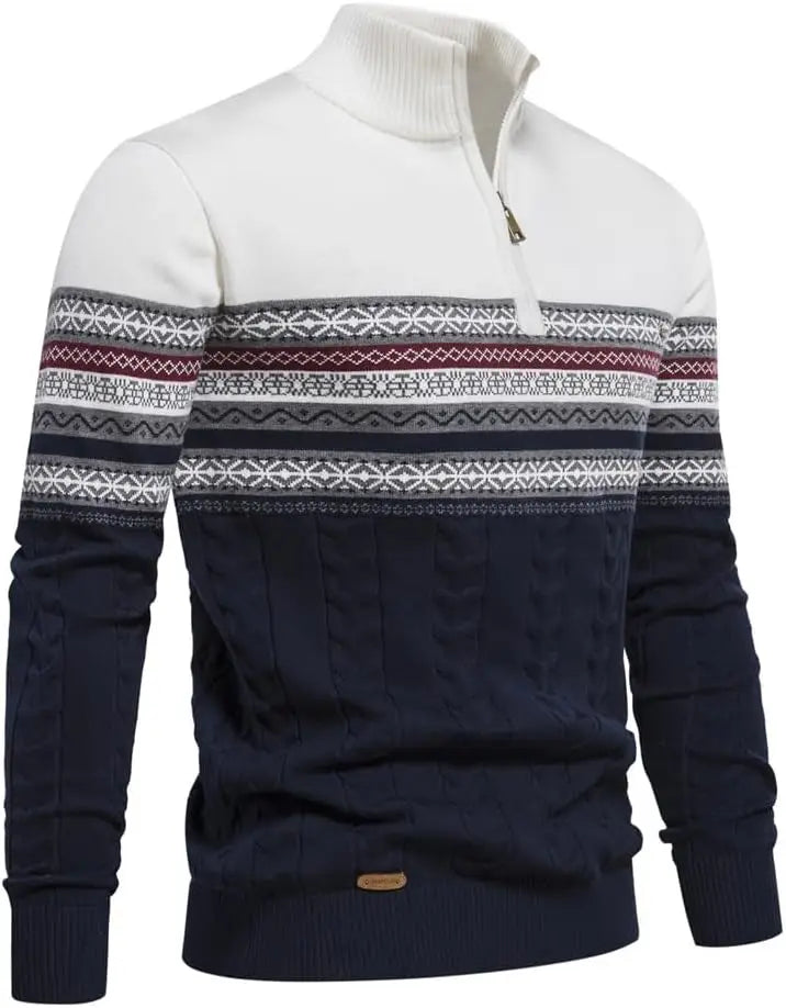 Heren Half-Zip Trui met Patroon | Warme Gebreide Pullover met Hoge Kraag