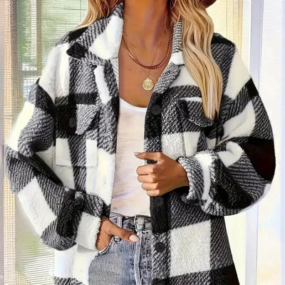 Dames Sherpa Jasje met Ruitpatroon | Warme Overshirt Jas met Zakken