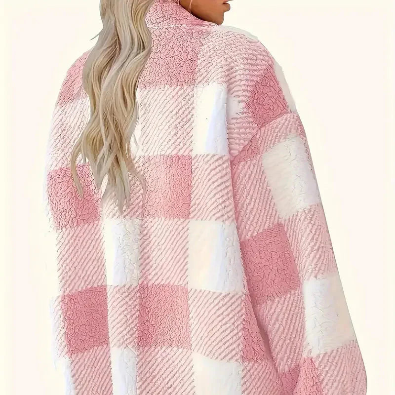 Dames Sherpa Jasje met Ruitpatroon | Warme Overshirt Jas met Zakken