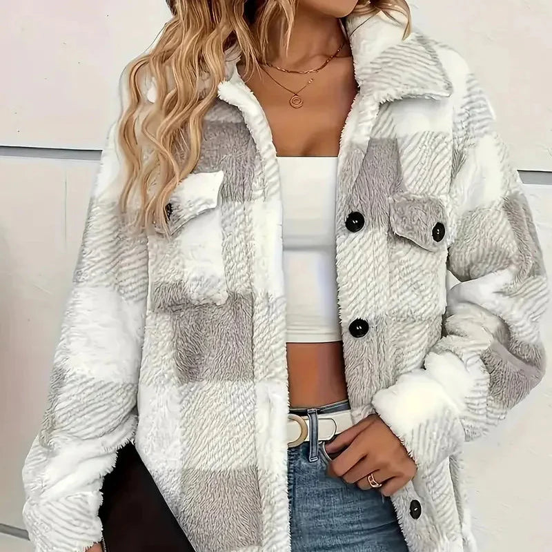 Dames Sherpa Jasje met Ruitpatroon | Warme Overshirt Jas met Zakken
