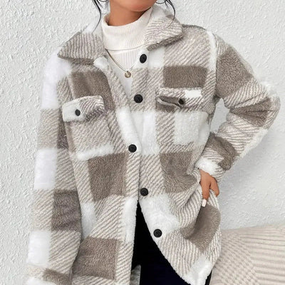 Dames Sherpa Jasje met Ruitpatroon | Warme Overshirt Jas met Zakken