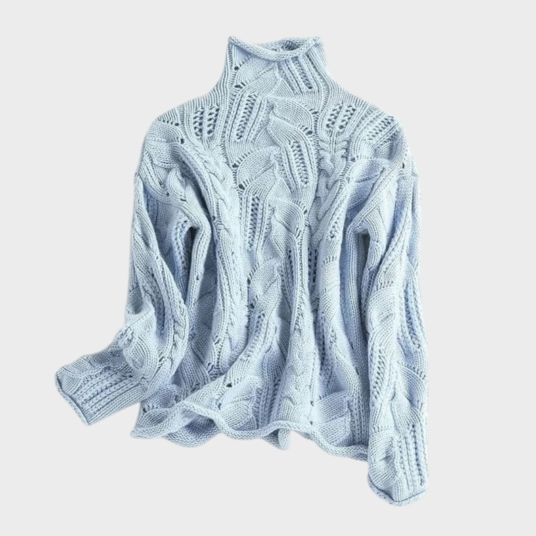 Sweter damski z kablem | Dziany golf z fakturą i ażurowym detalem