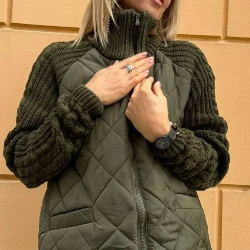 Dames Gewatteerde Jas | Modieuze Jas met Gebreide Mouwen