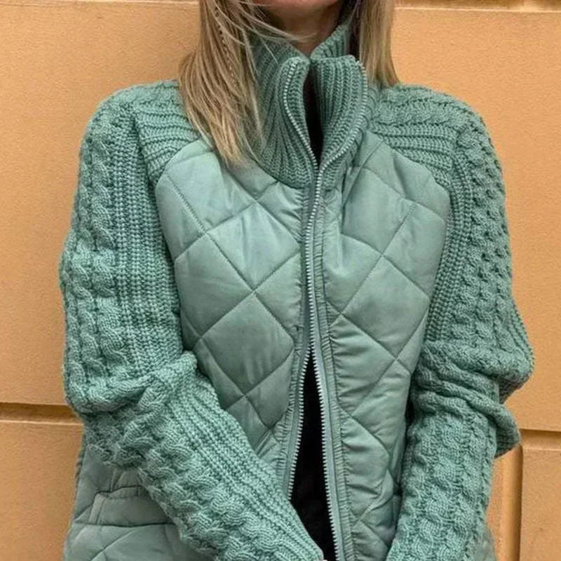 Dames Gewatteerde Jas | Modieuze Jas met Gebreide Mouwen