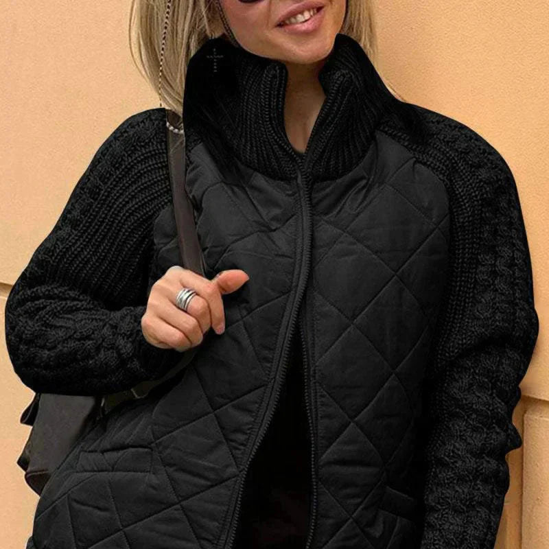Dames Gewatteerde Jas | Modieuze Jas met Gebreide Mouwen