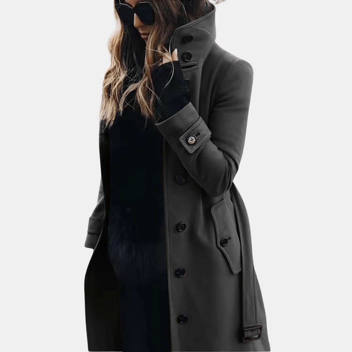 Dames Trenchcoat | Lange Jas met Hoge Kraag en Dubbele Knopen