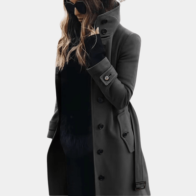 Dames Trenchcoat | Lange Jas met Hoge Kraag en Dubbele Knopen