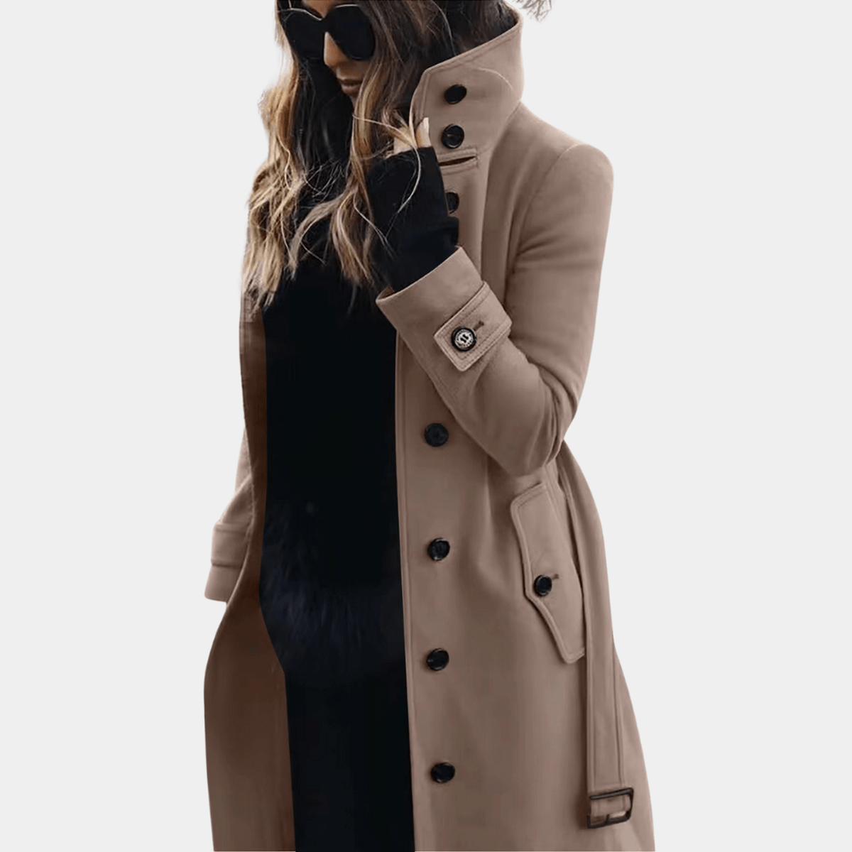 Dames Trenchcoat | Lange Jas met Hoge Kraag en Dubbele Knopen