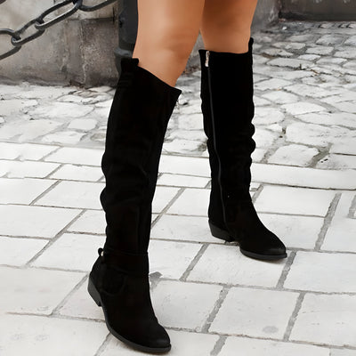 Dames Suède Laarzen | Mid-Calf Boots met Lage Hak en Decoratieve Band