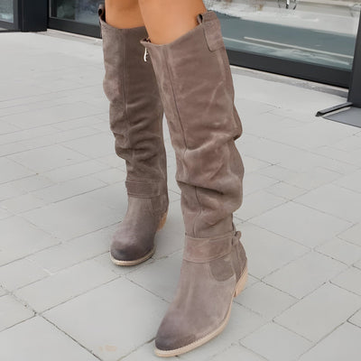 Dames Suède Laarzen | Mid-Calf Boots met Lage Hak en Decoratieve Band