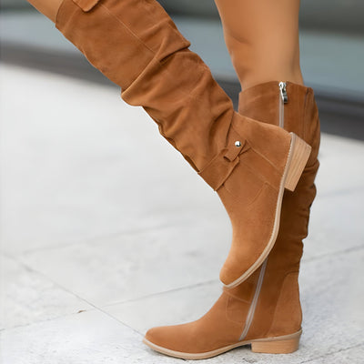 Dames Suède Laarzen | Mid-Calf Boots met Lage Hak en Decoratieve Band