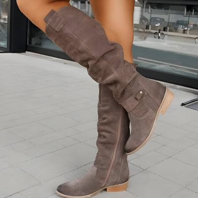 Dames Suède Laarzen | Mid-Calf Boots met Lage Hak en Decoratieve Band
