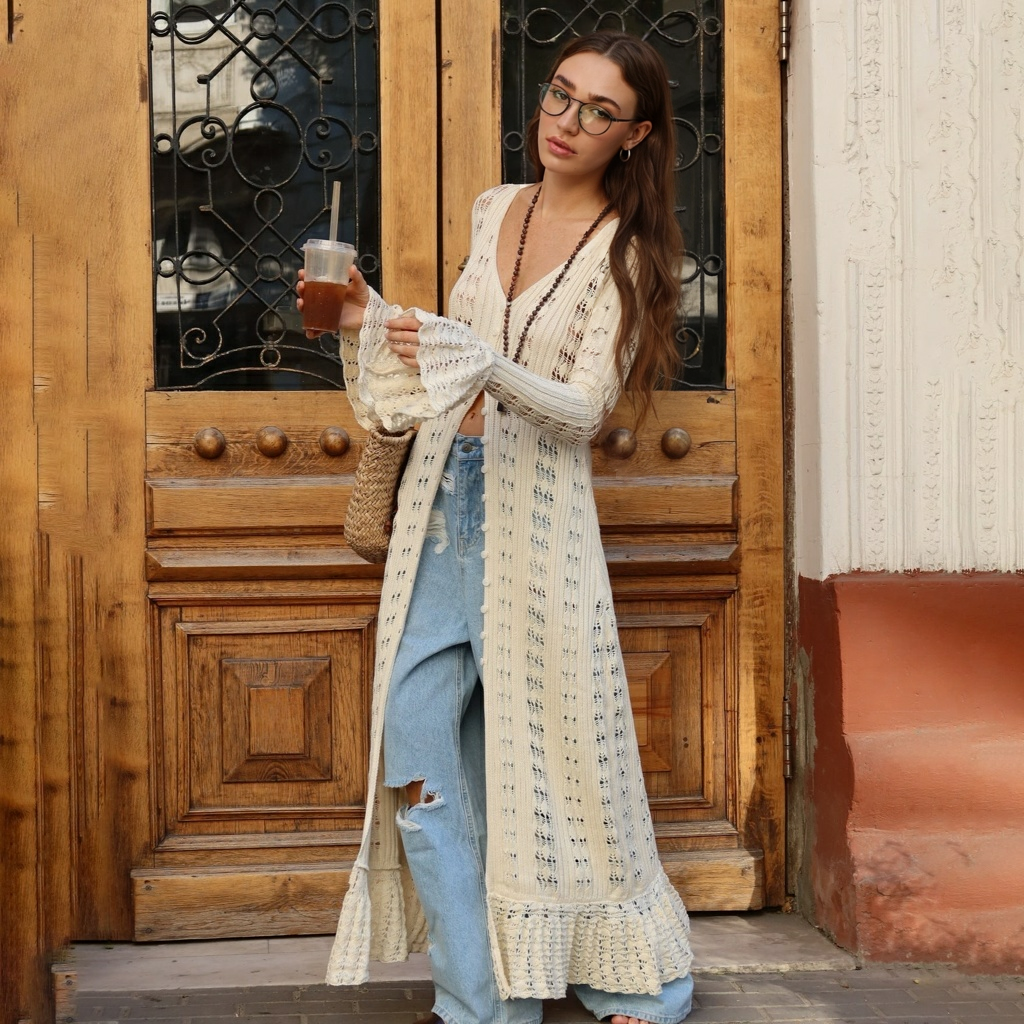 Cardigan boho long pour dames avec manches évasées