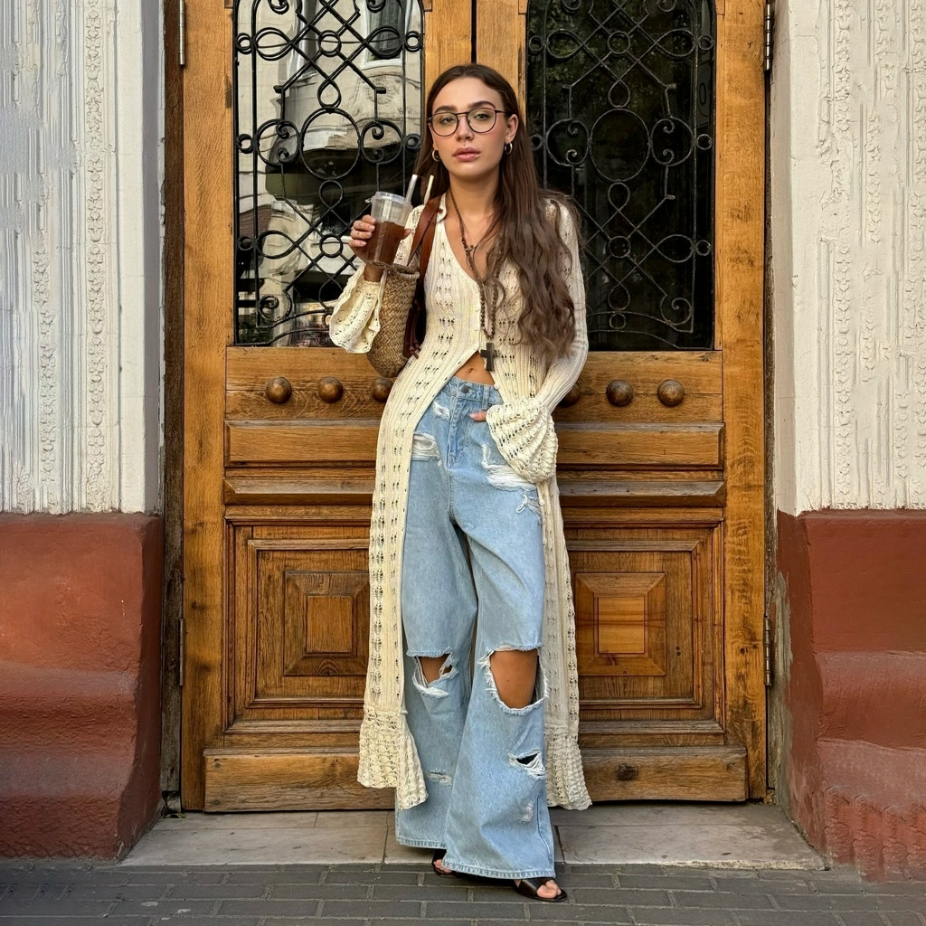Cardigan boho long pour dames avec manches évasées