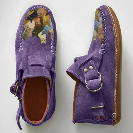 Dames Instapschoenen | Artistieke Schoenen met Kattenprint en Gespdetail