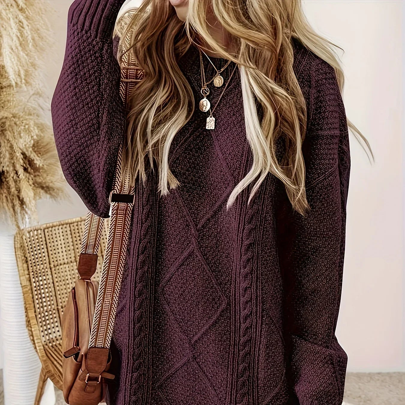 Dames Gebreide Sweaterjurk | Oversized Trui met Kabelpatroon