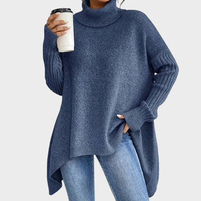 Pull col roulé pour dames | Pull tricoté avec col haut et ourlet asymétrique
