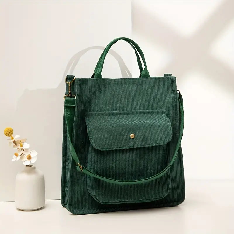 Dames Ribstof Schoudertas | Casual Tote Bag met Vakje Voorop