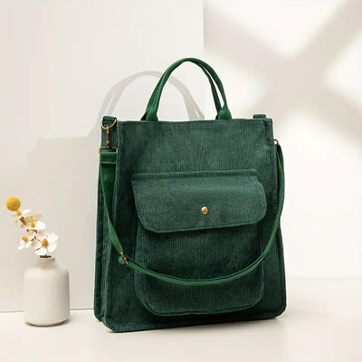 Dames Ribstof Schoudertas | Casual Tote Bag met Vakje Voorop