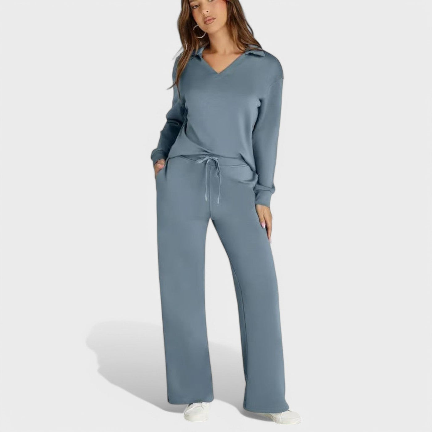 Dames Loungewear Set | Comfortabele Tweedelige Outfit met Kraag en Wijde Broek