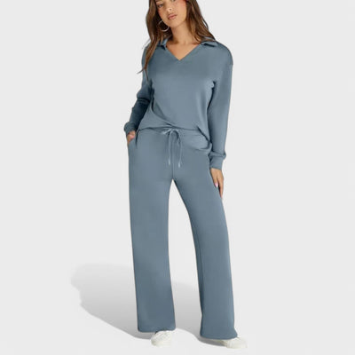 Dames Loungewear Set | Comfortabele Tweedelige Outfit met Kraag en Wijde Broek