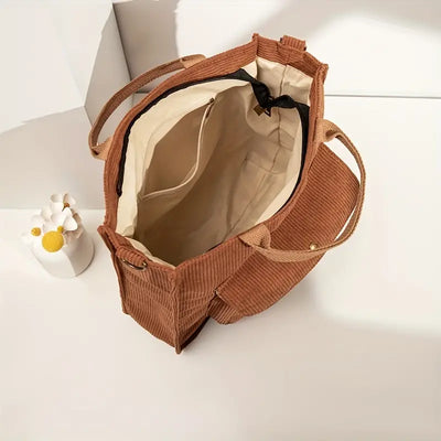 Dames Ribstof Schoudertas | Casual Tote Bag met Vakje Voorop