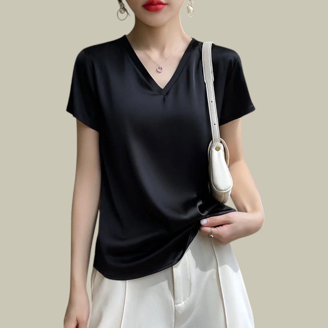 Damska koszulka z dekoltem w serek, z krótkim rękawem i czystym wzorem