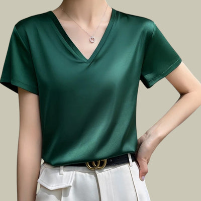 Damska koszulka z dekoltem w serek, z krótkim rękawem i czystym wzorem