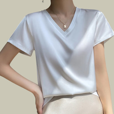 Damska koszulka z dekoltem w serek, z krótkim rękawem i czystym wzorem