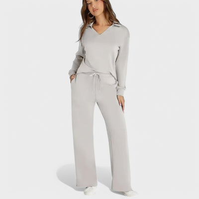 Dames Loungewear Set | Comfortabele Tweedelige Outfit met Kraag en Wijde Broek