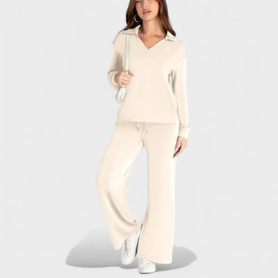 Dames Loungewear Set | Comfortabele Tweedelige Outfit met Kraag en Wijde Broek