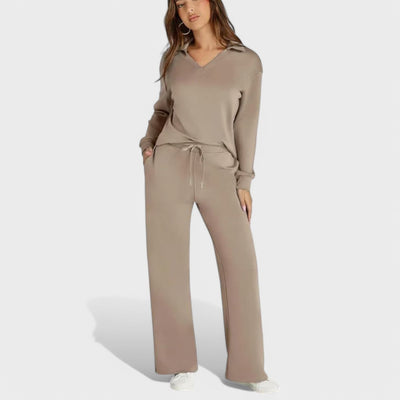 Dames Loungewear Set | Comfortabele Tweedelige Outfit met Kraag en Wijde Broek