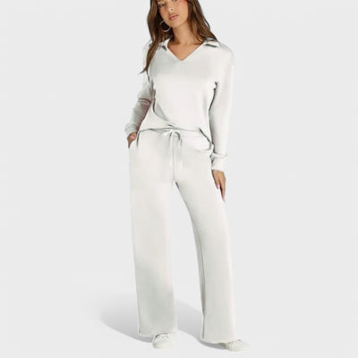 Dames Loungewear Set | Comfortabele Tweedelige Outfit met Kraag en Wijde Broek