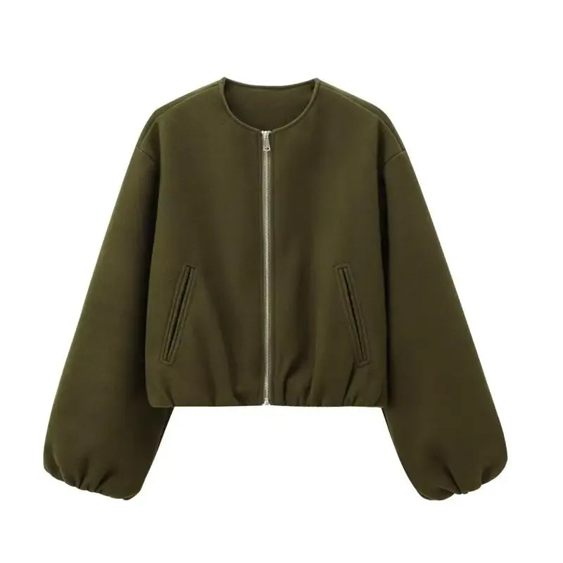 Veste bomber rétro pour dames avec col rond et tissu doux