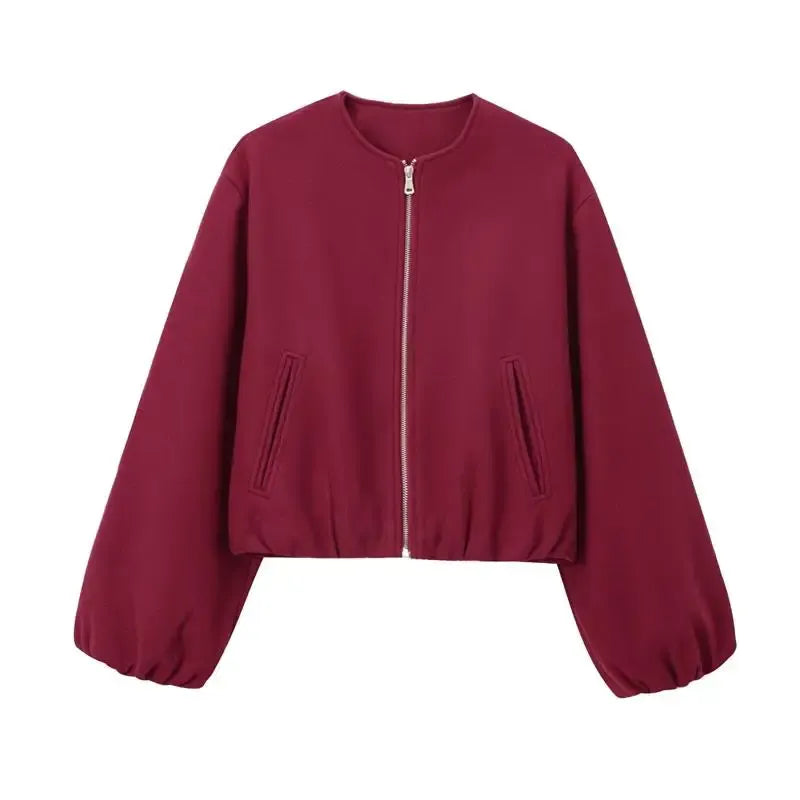 Veste bomber rétro pour dames avec col rond et tissu doux