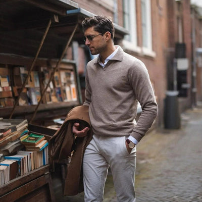 Old Money Stijl Katoenmix Polo met V-hals voor Heren