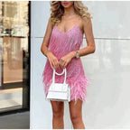 Dames Feestjurk met Pailletten | Robe de soirée glamour courte avec bretelles spaghetti
