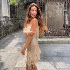 Dames Feestjurk met Pailletten | Robe de soirée glamour courte avec bretelles spaghetti