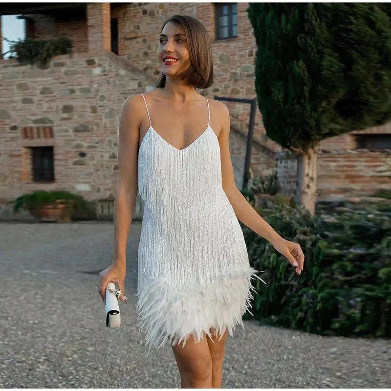 Dames Feestjurk met Pailletten | Robe de soirée glamour courte avec bretelles spaghetti