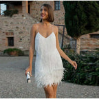 Dames Feestjurk met Pailletten | Robe de soirée glamour courte avec bretelles spaghetti