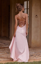 Satijnen Avondjurk | Babyroze met Ruche Details