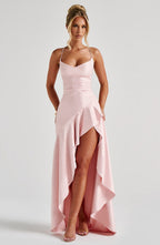 Satijnen Avondjurk | Babyroze met Ruche Details